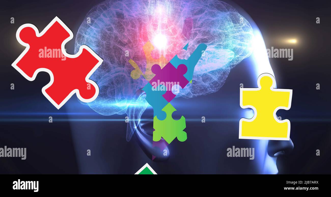 Bild von bunten Puzzle-Stücke Autismus-Bewusstsein Monat über den menschlichen Kopf übergeben Stockfoto