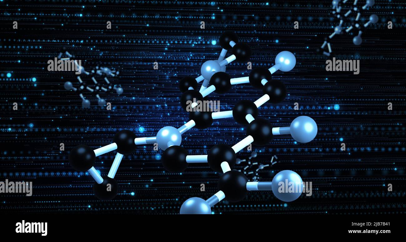 Abbildung von Molekülen, die sich auf blauem und schwarzem Hintergrund drehen Stockfoto