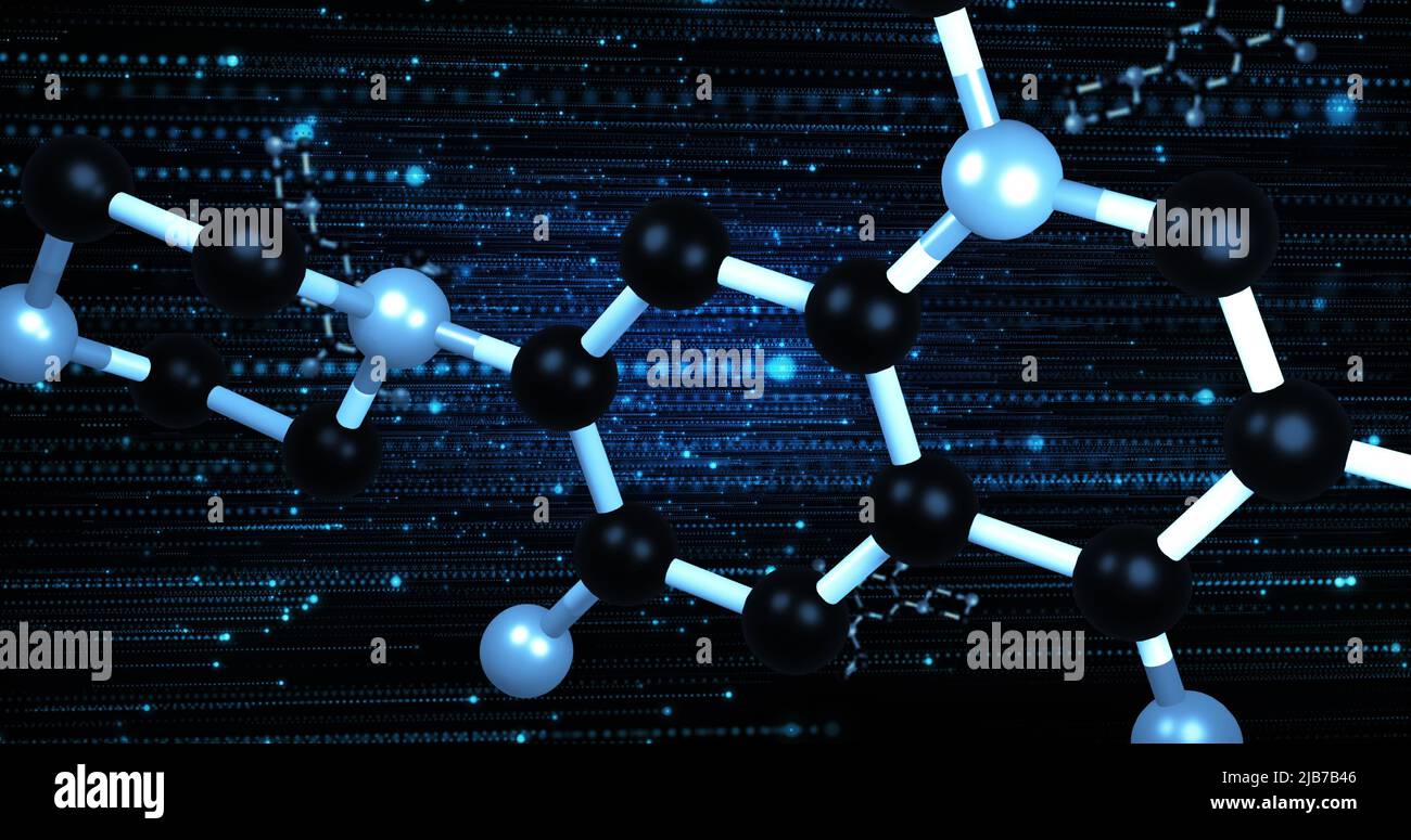Abbildung von Molekülen, die sich auf blauem und schwarzem Hintergrund drehen Stockfoto