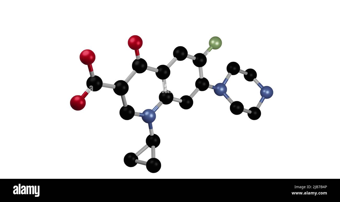Abbildung von Molekülen, die sich auf weißem Hintergrund drehen Stockfoto
