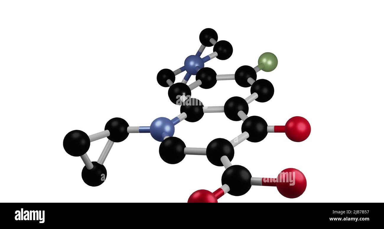Abbildung von Molekülen, die sich auf weißem Hintergrund drehen Stockfoto