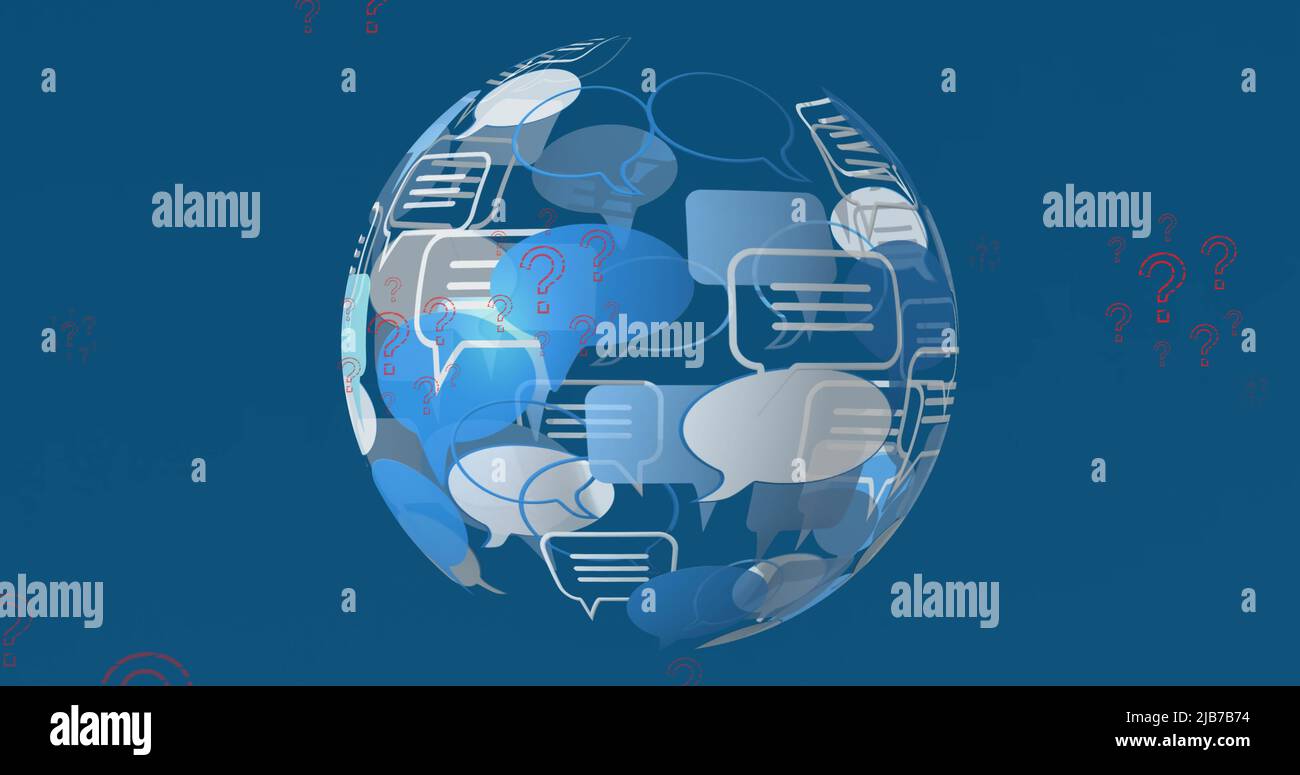 Bild von Fragezeichen und Sprechblase, die einen Globus auf blauem Hintergrund bildet Stockfoto