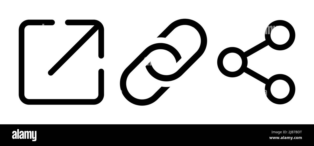 Link, Link teilen, externer Link, schwarzes Symbolset. Webdesign. Vektorzeichen. Stock Vektor