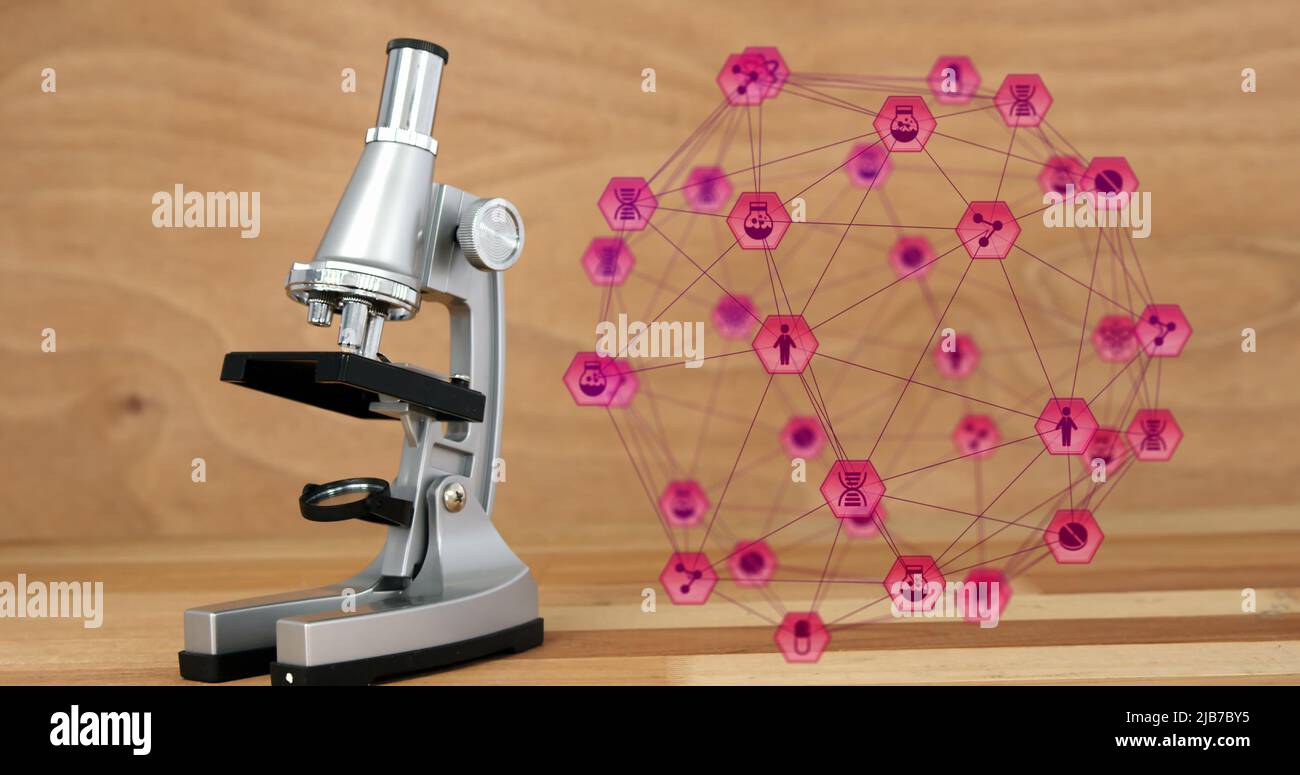 Digitales Composite-Bild des Netzwerks der Verbindung mit Interface-Icons, die einen Globus und ein Mikroskop bilden Stockfoto