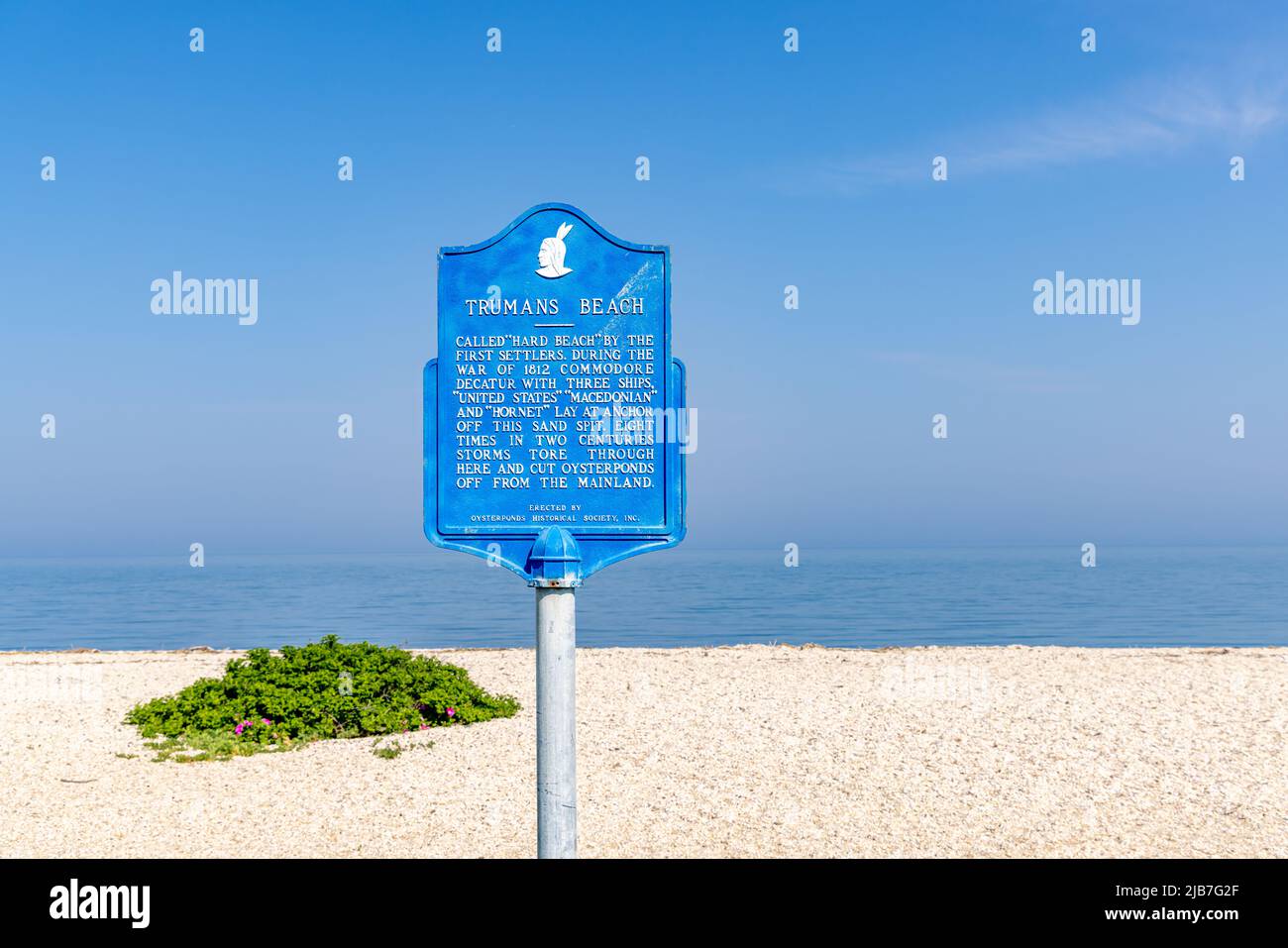 Historische Plakette für Trumans Beach, Oyster Ponds, Long Island, NY Stockfoto