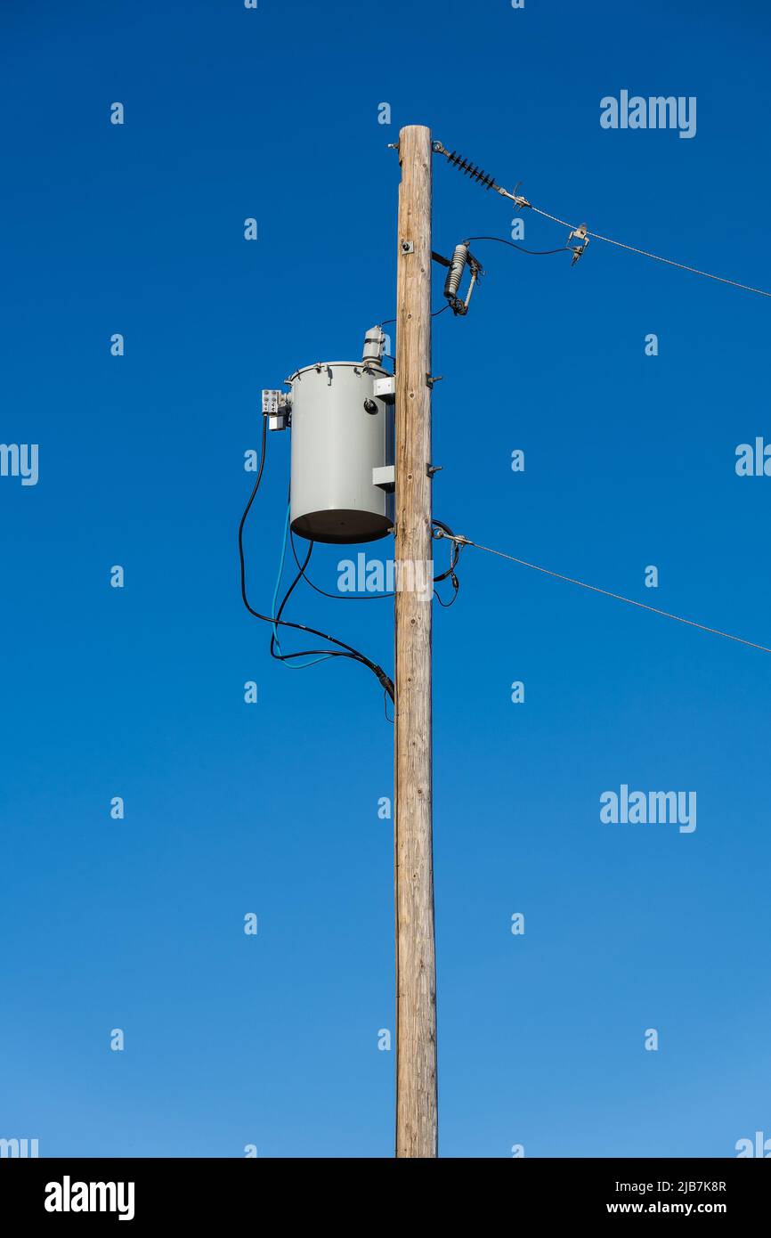 Ein isolierter Strommast mit funktionierenden Versorgungseinrichtungen und einem Transformator vor blauem Himmel in Rocky View County Alberta, Kanada. Stockfoto