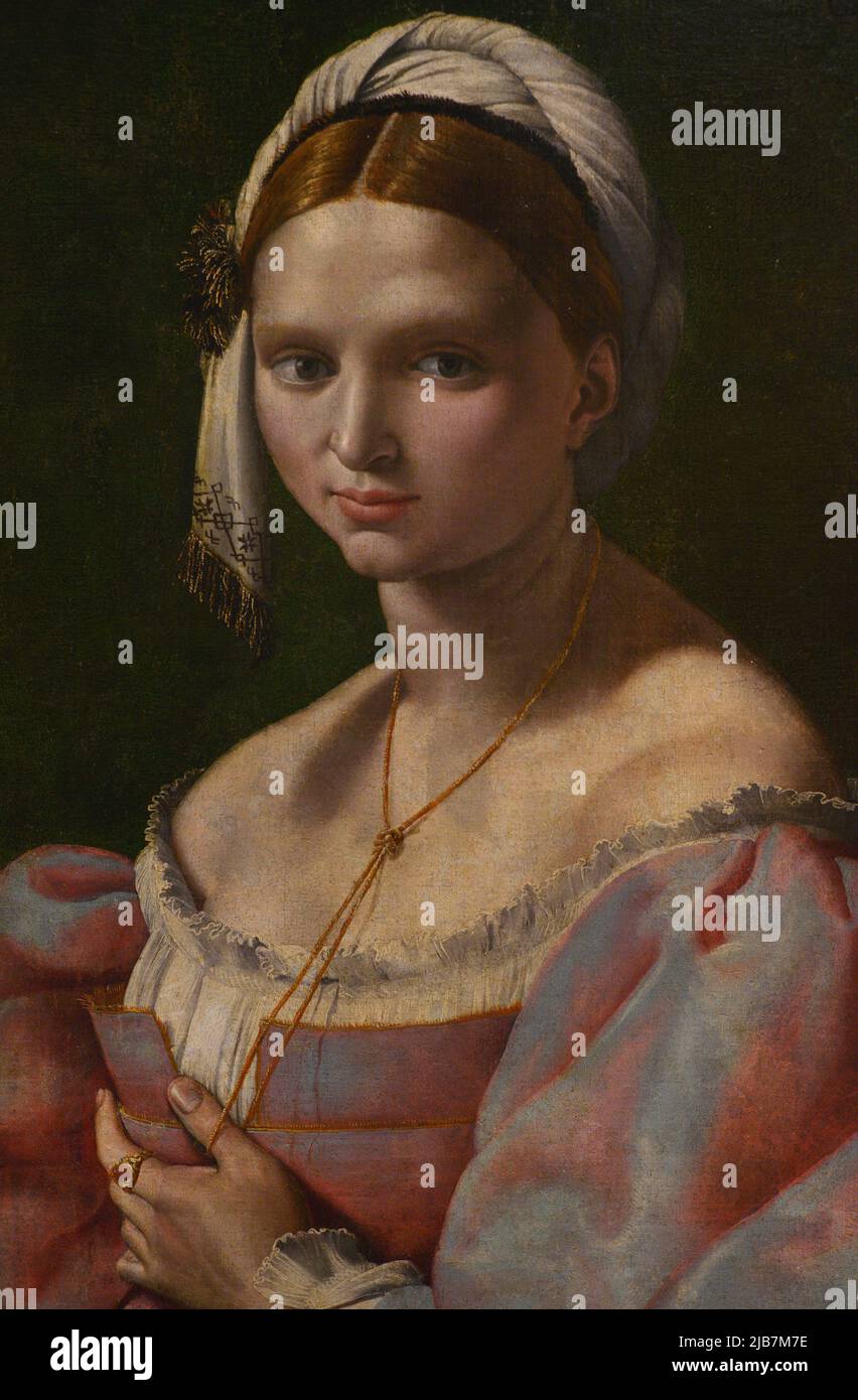 Giuliano Bugiardini (1475-1554). Italienischer Maler. Porträt einer jungen Frau, ca. 1516-1525. Details. Öl auf Leinwand. Calouste Gulbenkian Museum. Lissabon, Portugal. Stockfoto