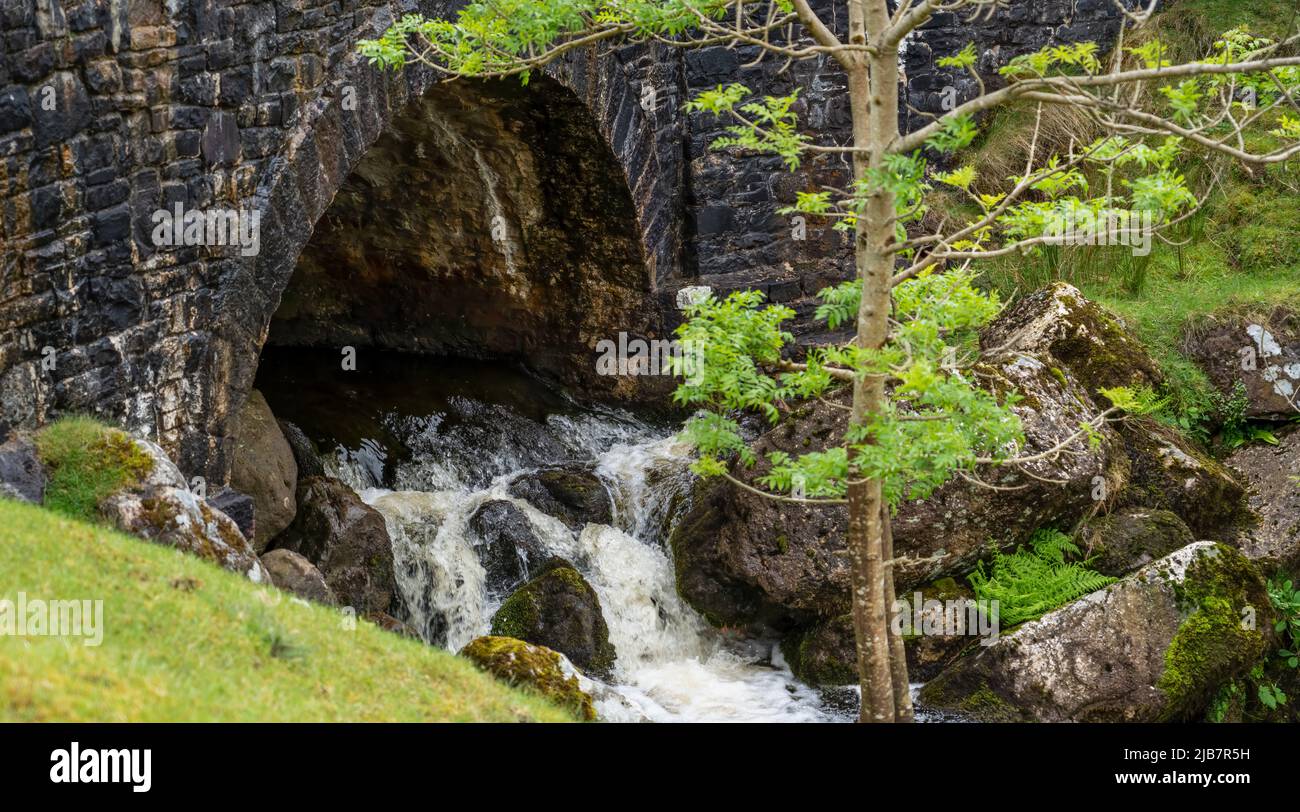 Eine alte Steinbrücke mit Felsbrocken unter dem Bogen auf dem Flussbett, durch das weißes Wasser fließt Stockfoto