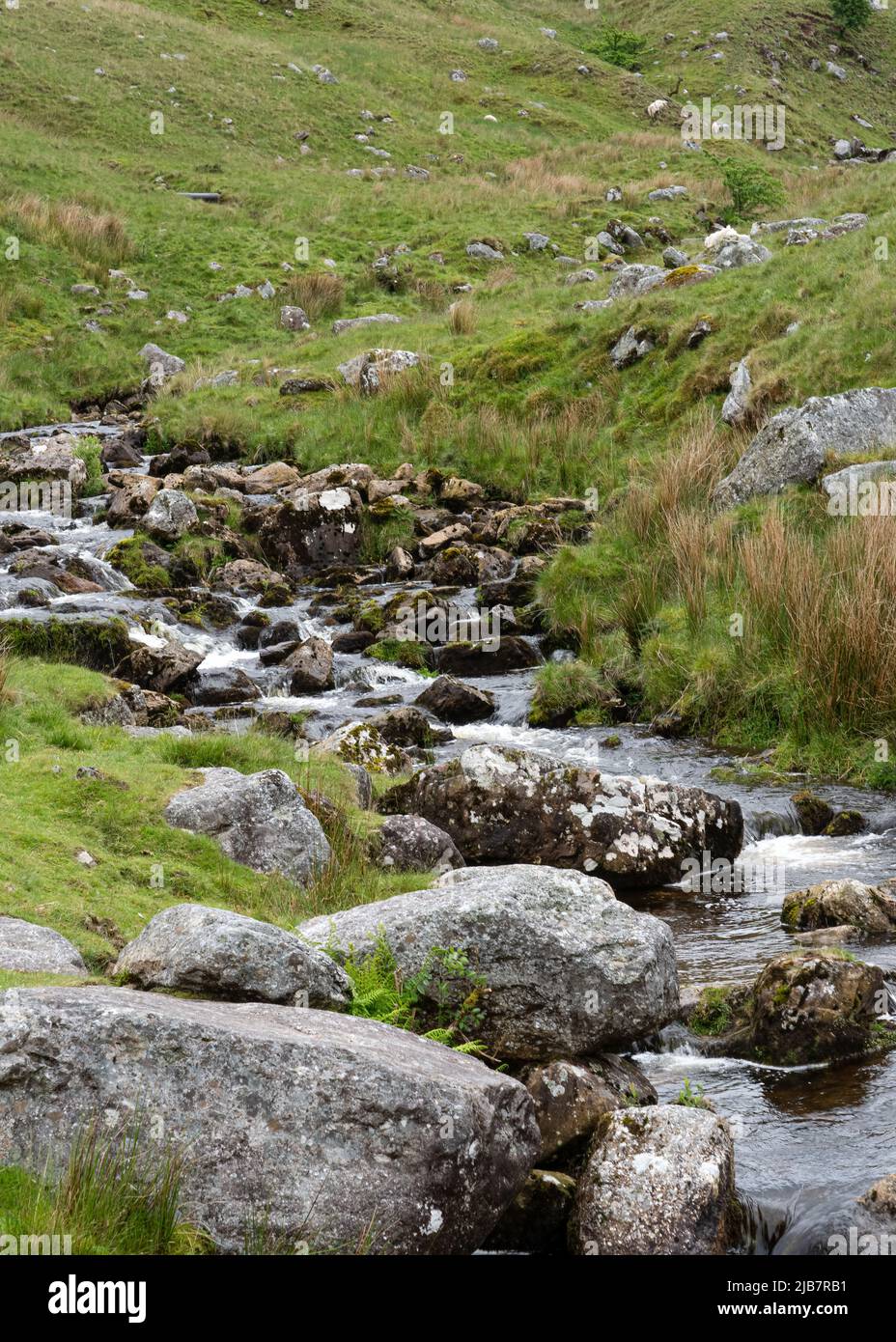 Abfluss-Wasser fließt über Felsen und Felsbrocken in einem Bergpass in den Brecon Beacons, South Wales. Stockfoto