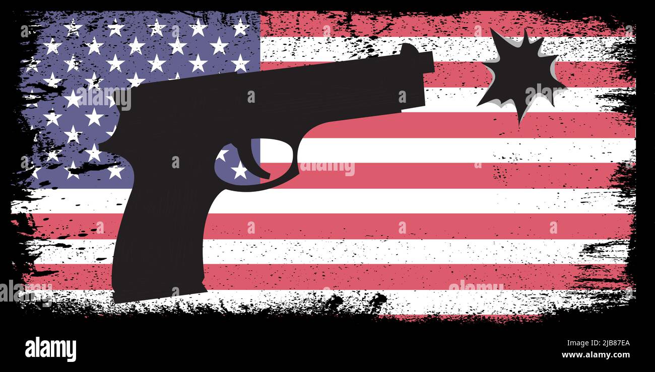 Waffenkontrolle mit US-Flagge, Waffe und Einschussloch. Stock Vektor