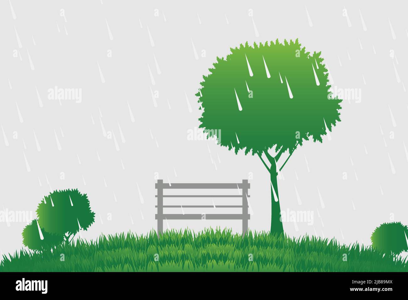 Stuhl und Baum im Regen auf grünem Hintergrund, Vektorgrafik Stock Vektor