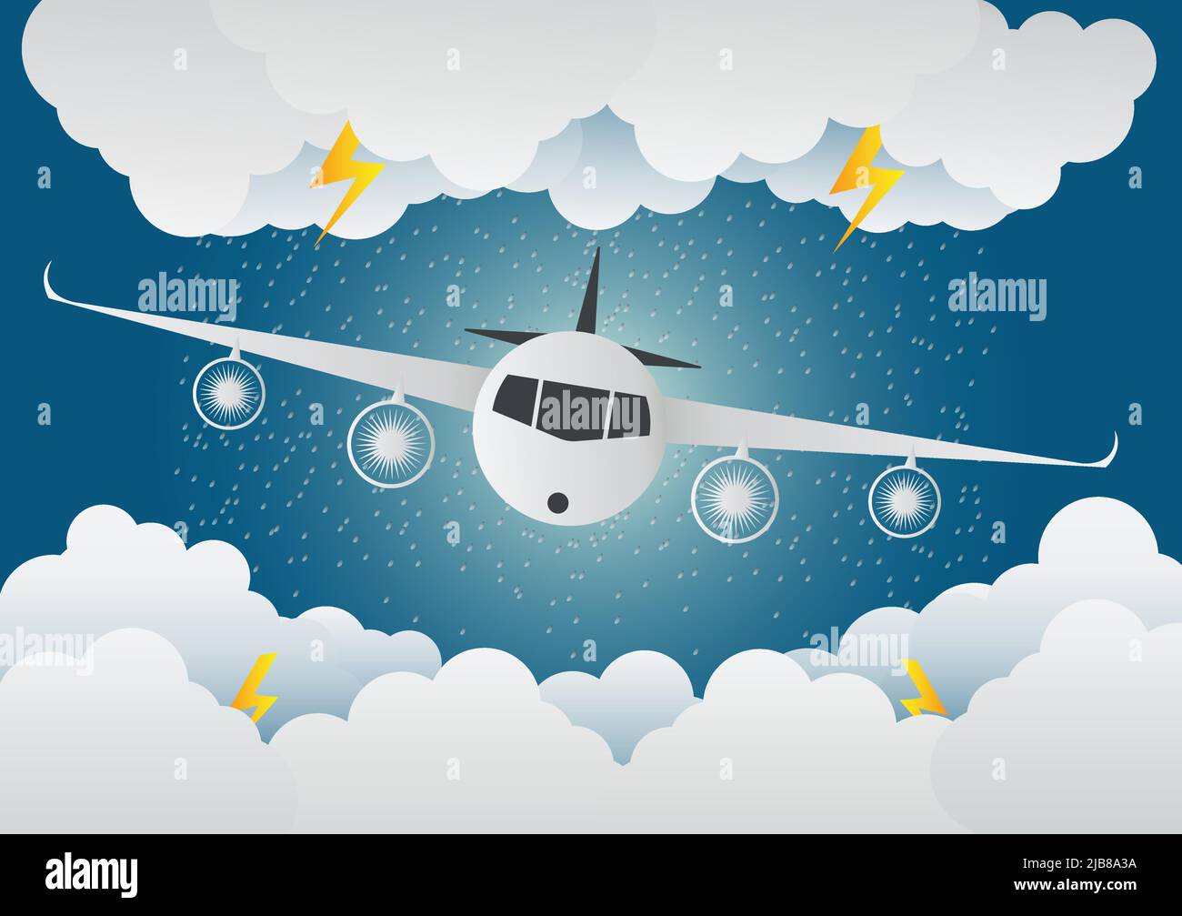 Das Flugzeug fliegt durch Wolken. Rainy Day und Blitz in Wolken, Vektor-Illustration. Auf abstraktem Hintergrund.Papier Kunst.Vektor-Illustration Stock Vektor