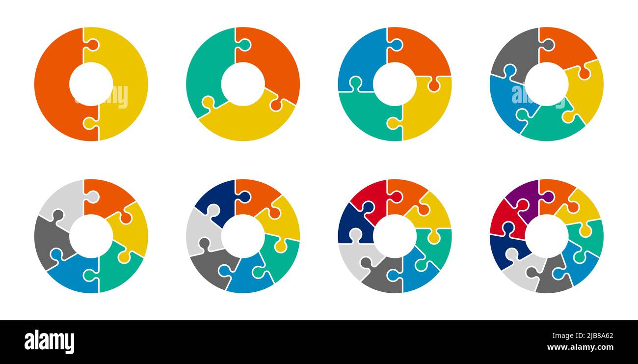 Stichsäge Infografik Kreisdiagramm Satz. Zyklus Sammlung 2,3,4,5,6,7 und 8 Abschnitt Kreis Stock Vektor