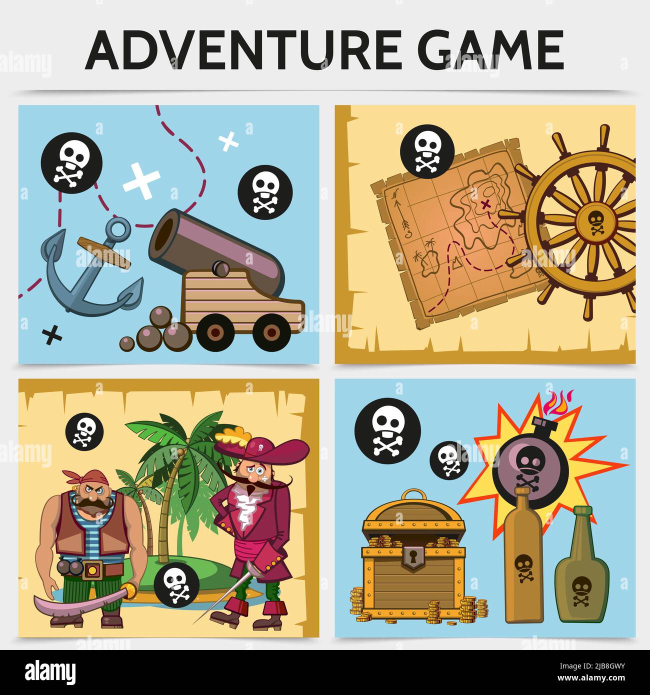 Cartoon mobile Spiel Konzept mit Anker Kanone Karte Schiff Lenkrad Piraten tropische Insel Schatz Brust Flaschen bombardieren Schädel und Crossbones Vektor Stock Vektor