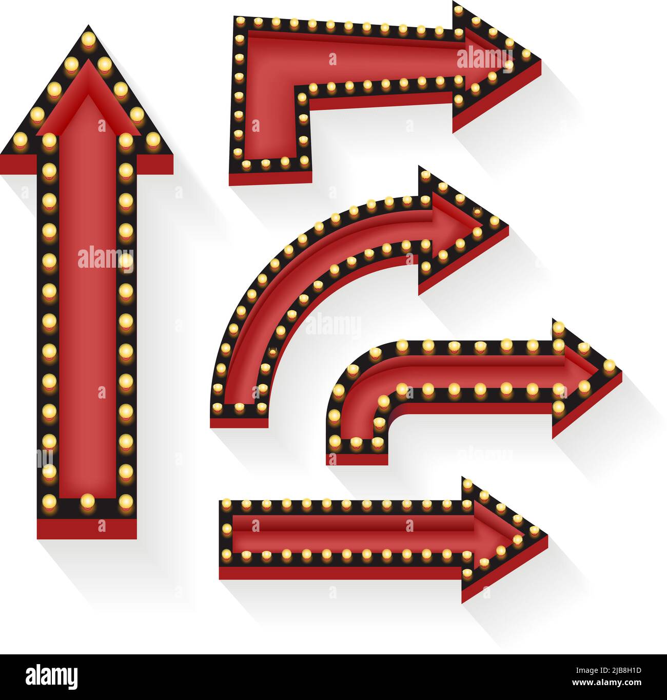 Retro-Pfeile mit Glühbirnen. Vintage und Schild, elektrischer Zeiger, Zeigen und Richtung, Neon-Leuchten. Vektorgrafik Stock Vektor