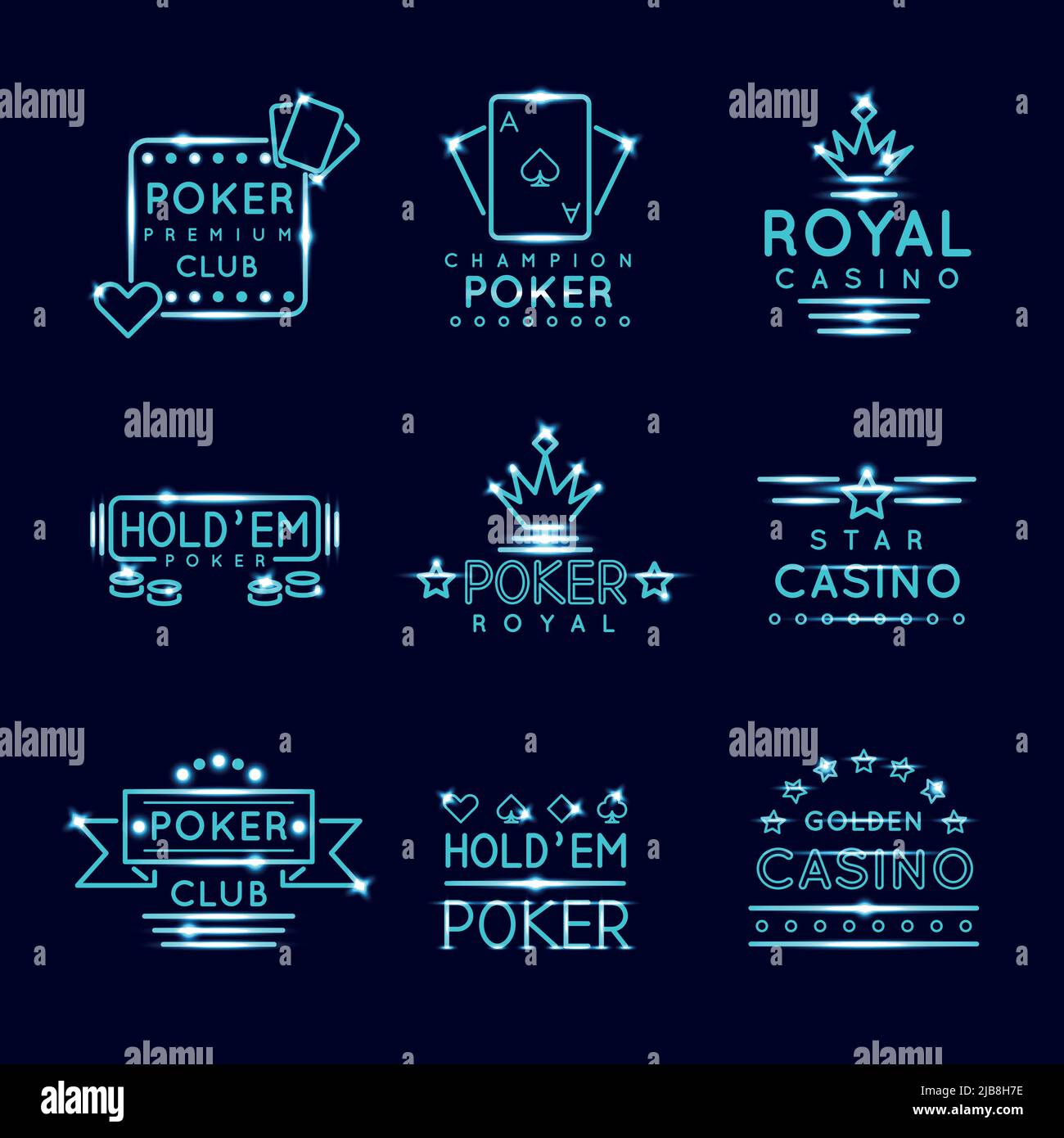 Vintage Neon Hipster Poker Club und Casino Schilder. Royal Glücksspiel Spiel, Risiko und Chance, Vektor-Illustration Stock Vektor