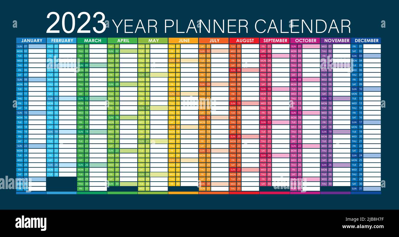 2023 Year Planner - Wandplaner Kalender Bunt - Voll Bearbeitbar - Vektor Dunkel Stock Vektor