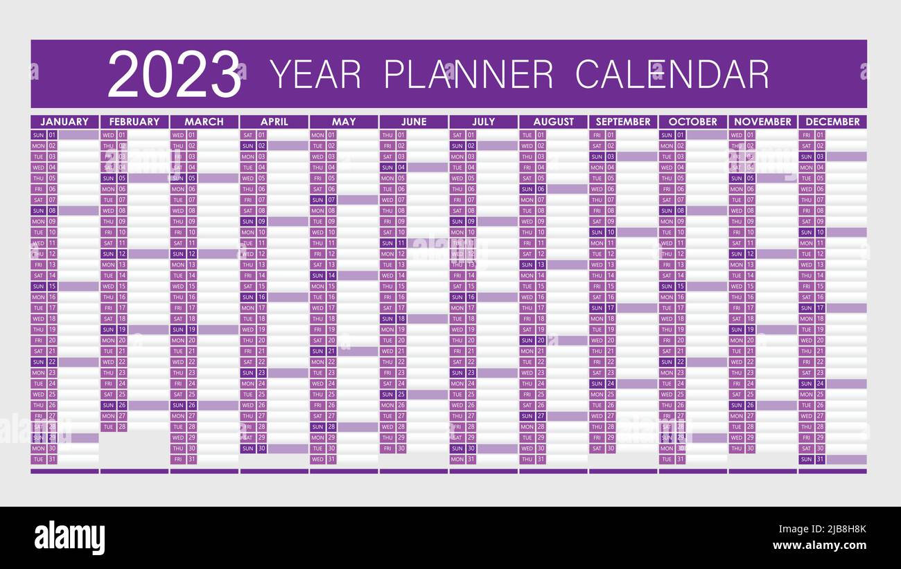 2023 Year Planner - Wandplaner Kalender Lila Farbe- Voll Bearbeitbar - Vektor Stock Vektor