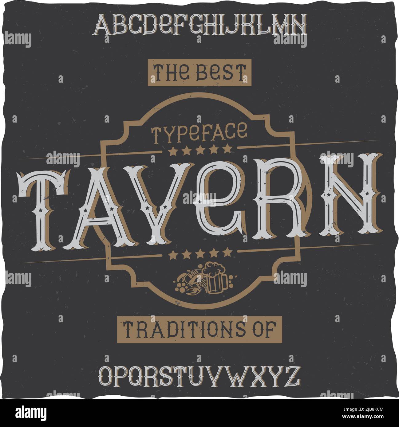 Vintage Label Schrift namens Tavern. Gut in jedem Retro-Design-Etiketten von Alkoholgetränken zu verwenden. Stock Vektor