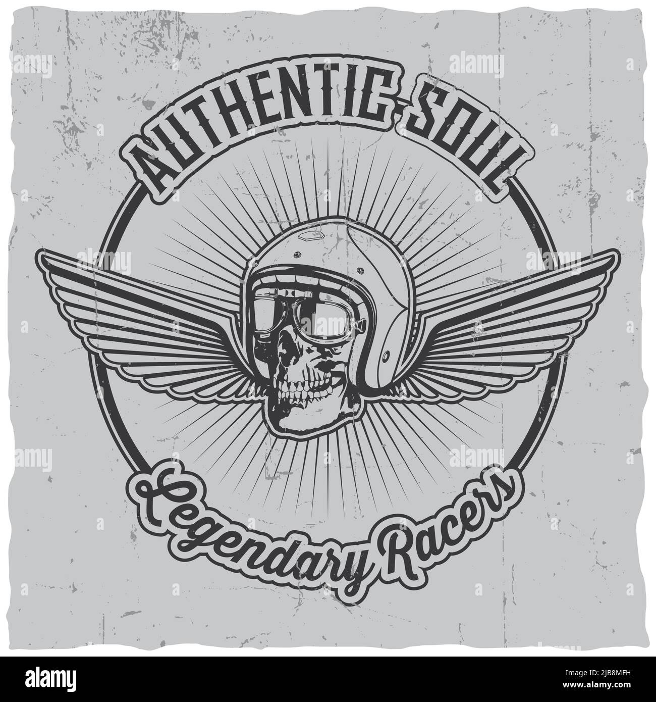 Authentisches Soul legendäres Rennfahrer-Poster mit Totenkopf in Helm und Flügeln Vektorgrafik Stock Vektor