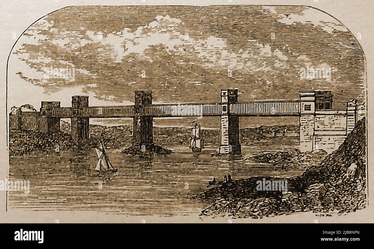 Ein Stich aus dem 19.. Jahrhundert der Britannia-Rohrbrücke, (Pont Britannia) Menai Strait, Wales --- Engrafiad o bont tiwbaidd Britannia o'r 19eg ganrif, Afon Menai, Cymru. Es wurde nach einem Brand am 23. Mai 1970, der durch Jungen verursacht wurde, die eine brennende Fackel auf geteerte Balken fallenließen, stufenweise wieder aufgebaut Stockfoto
