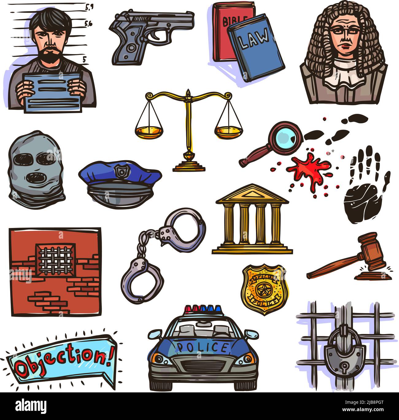 Gesetz Gerechtigkeit Polizei und Gesetzgebung Symbol Farbe Skizze Set isoliert Vektor Illustration Stock Vektor