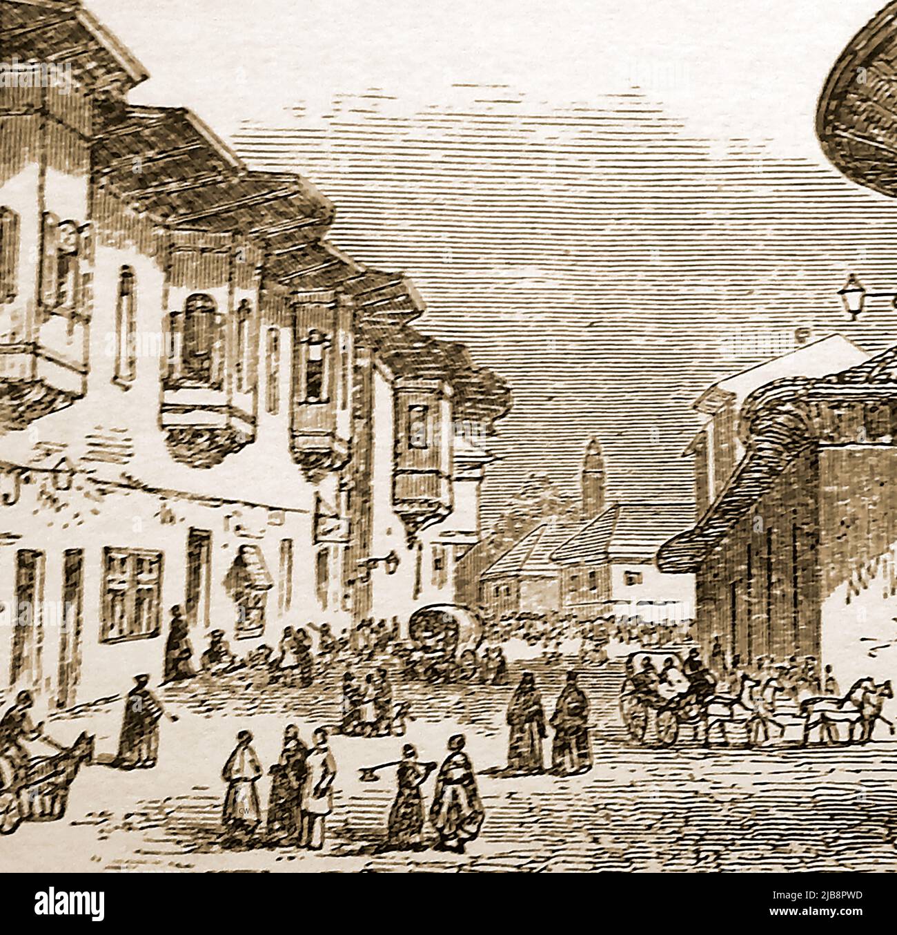 Ein Stich aus dem 19.. Jahrhundert, der eine Straße in Bukarest (Bukarest) zeigt. Rumänien --- O gravură din secolul al 19-lea care arată o stradă din București. Stockfoto