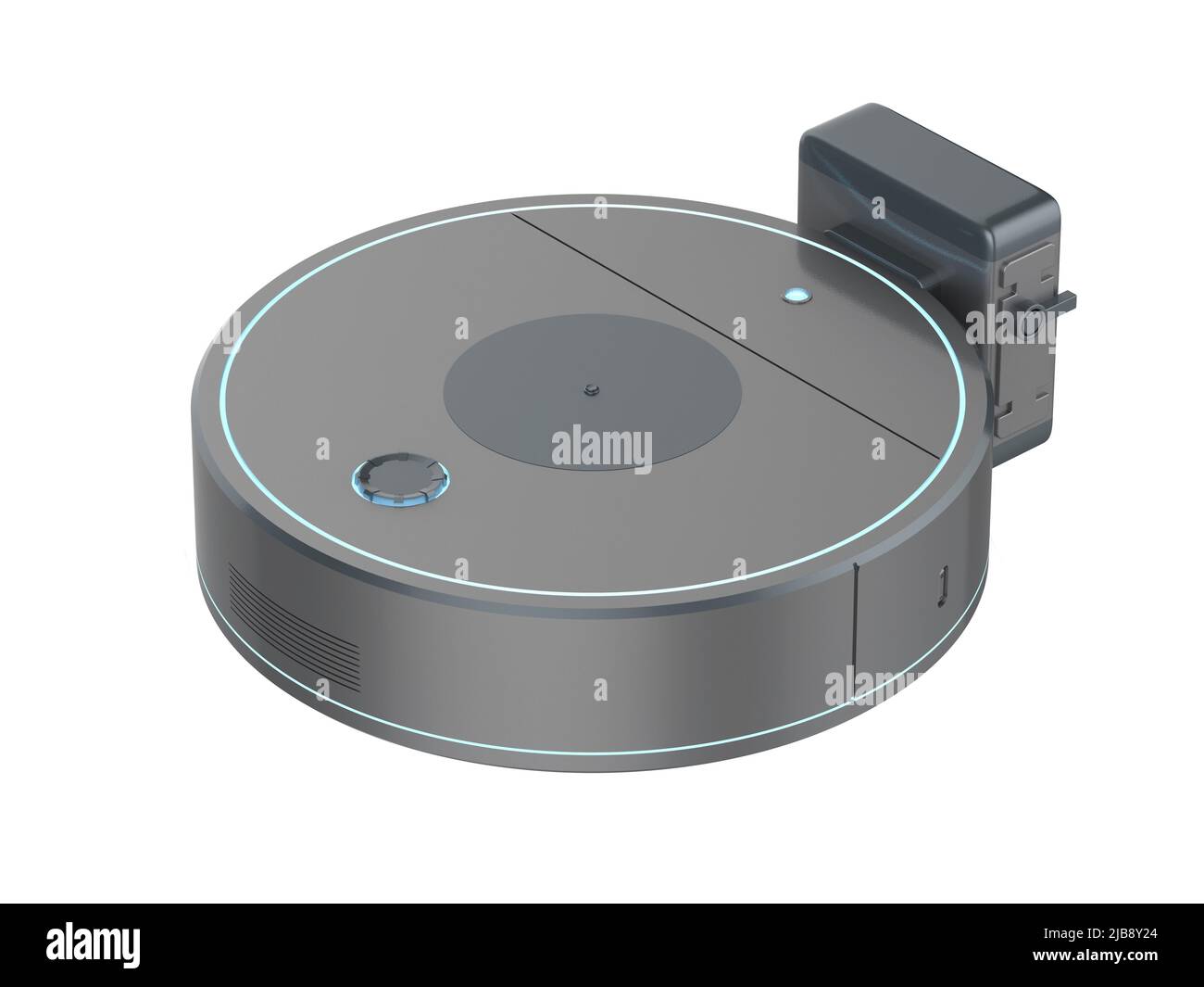 3D Rendering Roboter-Staubsauger oder Kehrmaschine an der Ladestation auf weiß isoliert Stockfoto