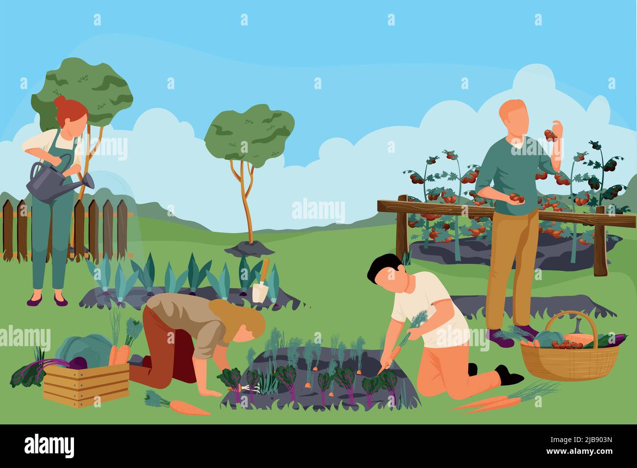 Bio-Bauernhof flache Zusammensetzung mit Outdoor-Landschaft und Garten mit Menschen Bewässerung Pflanzen Jäten Sammeln Früchte Vektor-Illustration Stock Vektor