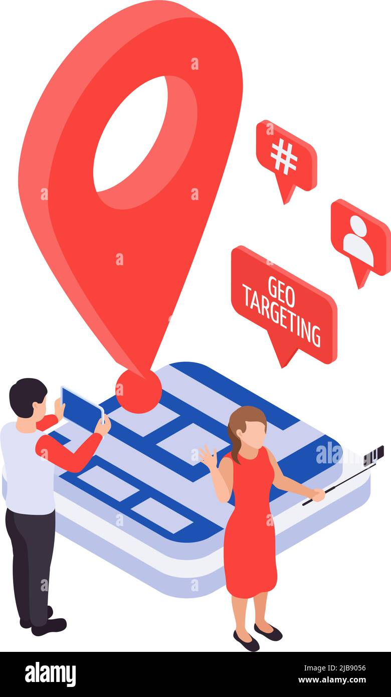 Isometrisches Promotion- und Geo-Targeting-Konzept mit 3D Ort Pin-Zeichen-Vektor-Illustration Stock Vektor