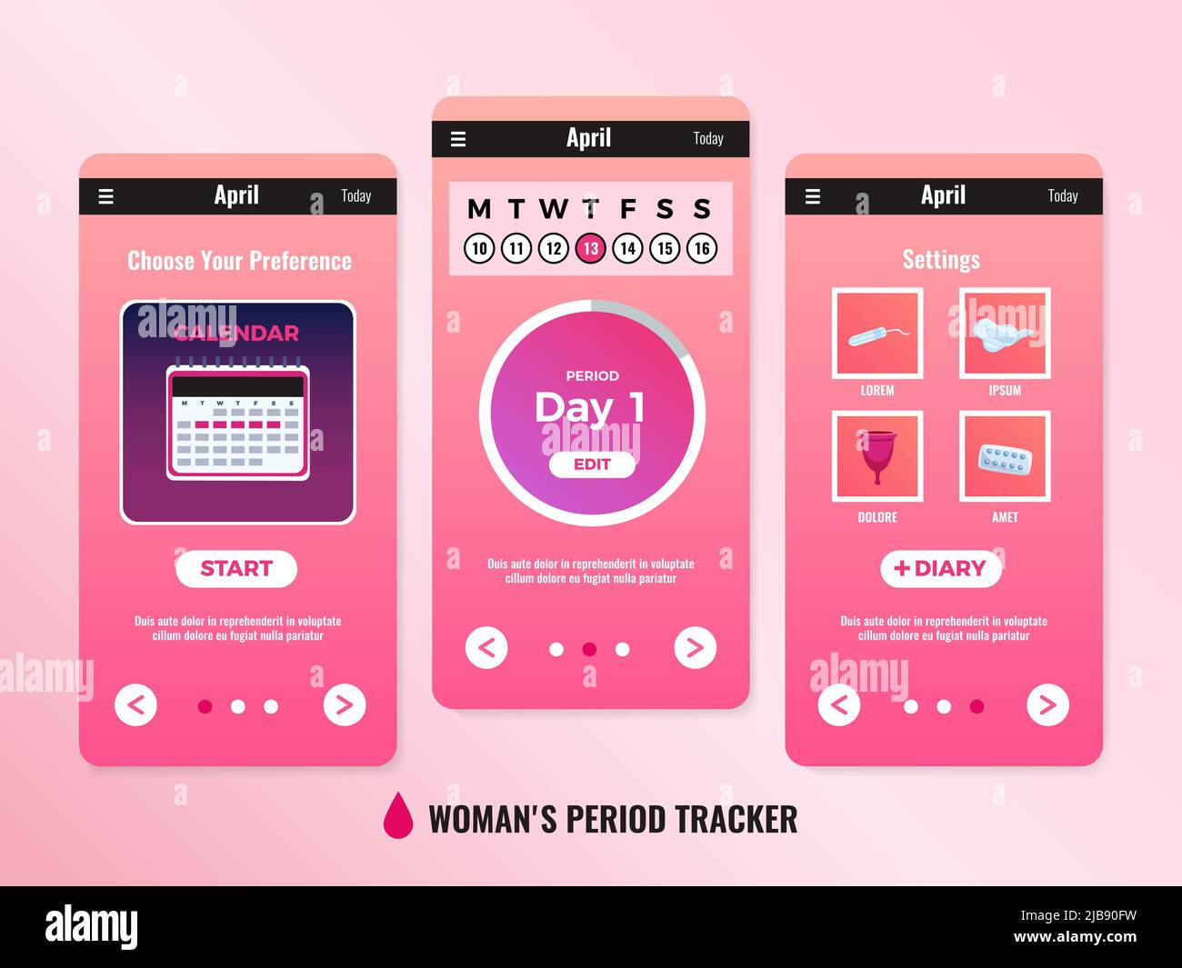 PMS Woman mobile App Kalender Design-Konzept mit drei Fenstern oder Screenshots Vektor-Illustration Stock Vektor