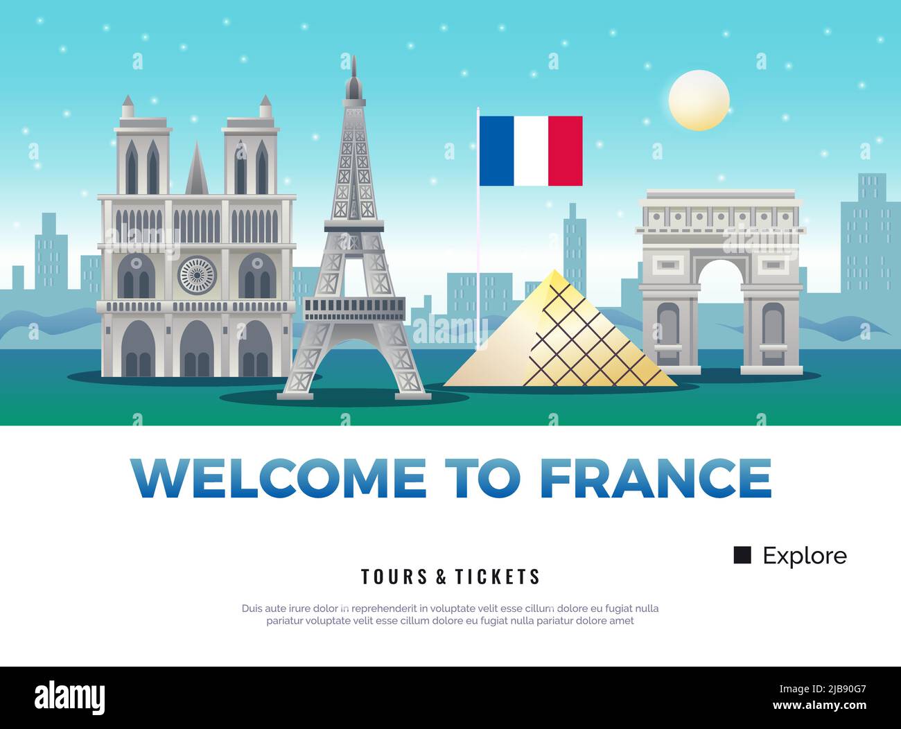 Frankreich Tourismus-Plakat mit Museen und Sehenswürdigkeiten Symbole flache Vektor-Illustration Stock Vektor