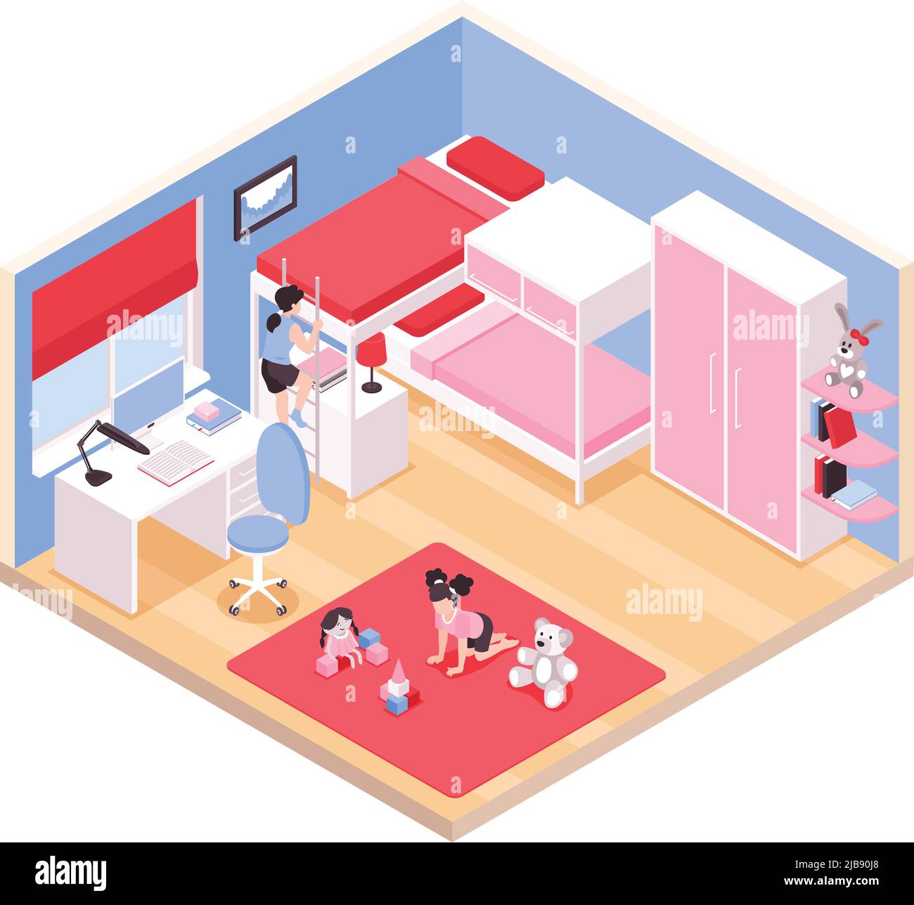 Kinder Mädchen Zimmer Interieur isometrische Ansicht mit rotem Teppich Etagenbett rosa Kleiderschrank Schreibtisch Spielzeug Vektor Illustration Stock Vektor