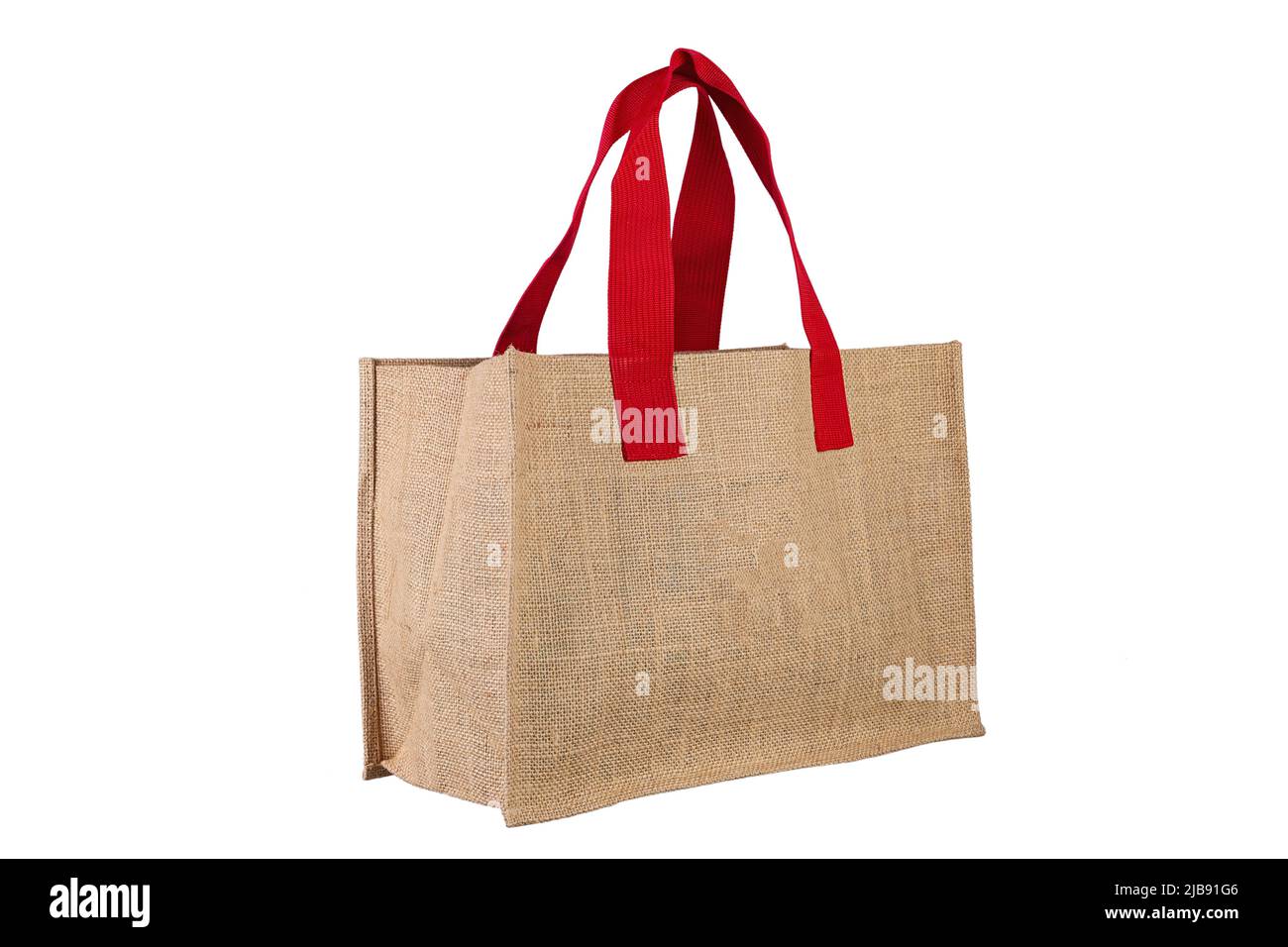 Einkaufstasche auf isoliertem weißem Hintergrund. Sacktuch-Textur. Datei enthält Beschneidungspfad. Stockfoto