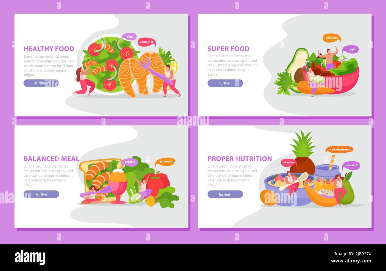 Gesunde und super Lebensmittel flach 4x1 Satz von horizontalen Bannern mit Bildern von gut ausgewogene Mahlzeit Vektor-Illustration Stock Vektor