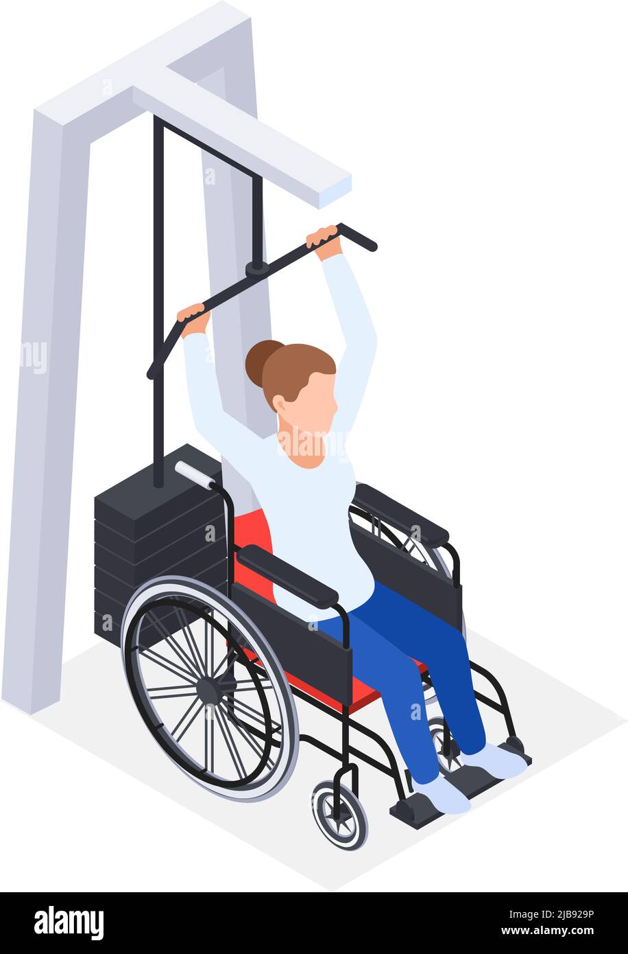 Physiotherapie Rehabilitation isometrische Zusammensetzung mit Frau im Rollstuhl Gewichtheben Vektor Illustration Stock Vektor
