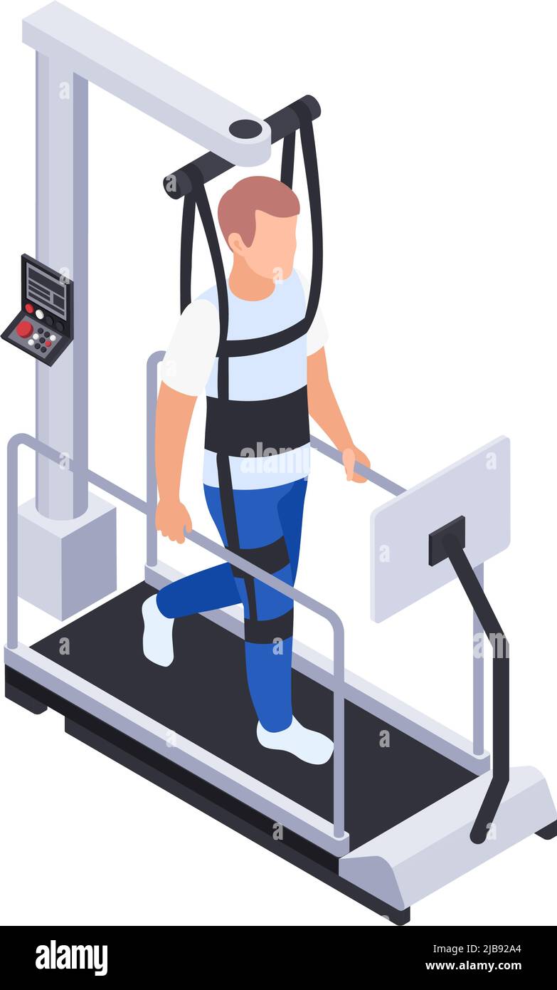 Physiotherapie Rehabilitation isometrische Zusammensetzung mit Mann zu Fuß auf medizinische laufende Maschine Vektor-Illustration Stock Vektor