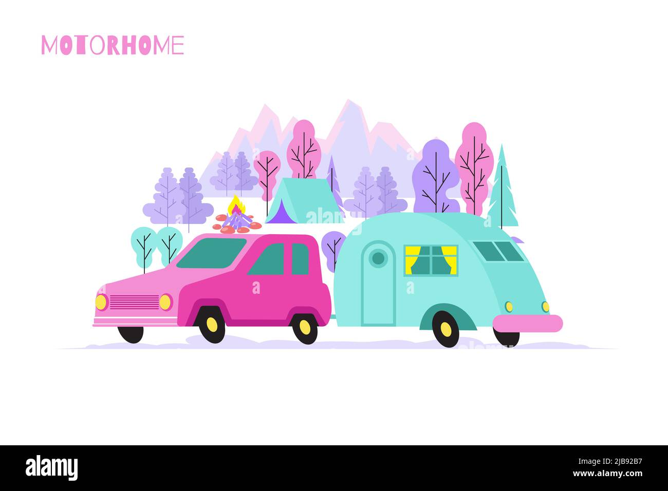 Wohnmobil Auto flache Zusammensetzung mit Outdoor-Landschaft und Bilder von Auto mit Wohnmobil mit Text-Vektor-Illustration Stock Vektor