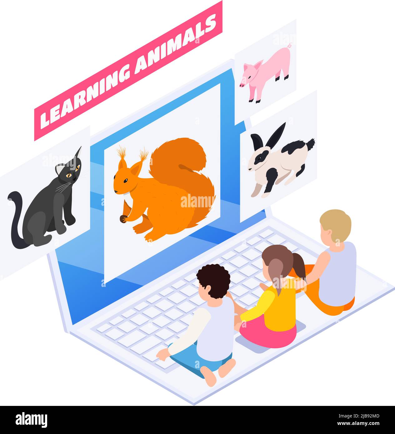 Isometrische häusliche Bildung mit kleinen Kindern lernen Tiere online auf Laptop-Vektor-Illustration Stock Vektor
