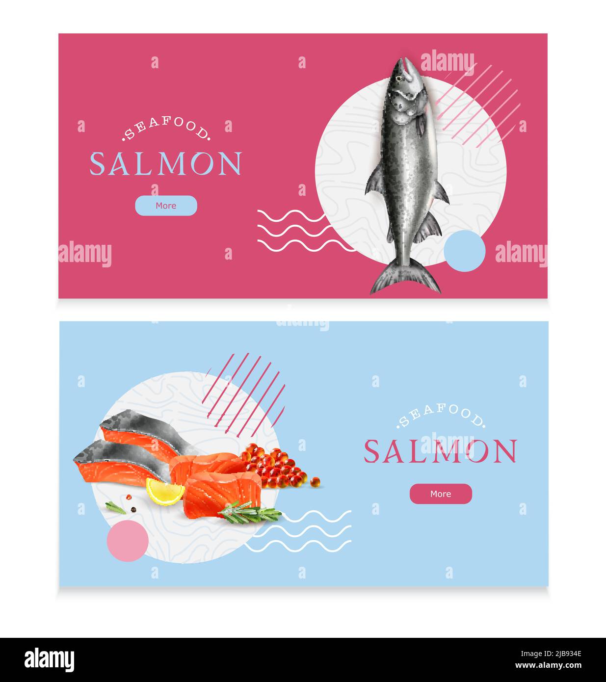 Seefutter isoliert horizontale Banner Lachs Fisch und roten Kaviar realistische Bilder Vektor-Illustration Stock Vektor