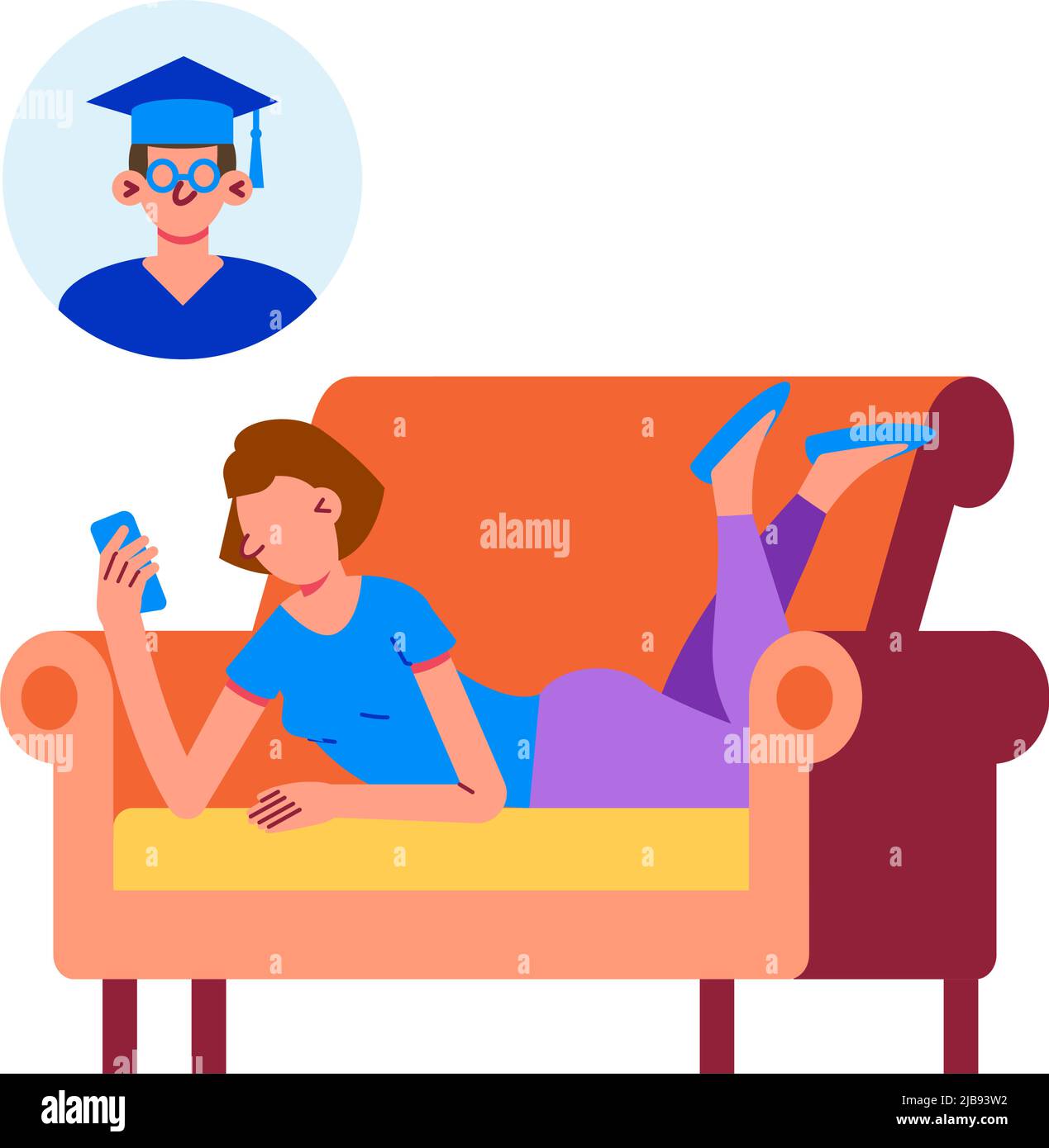 Online-Bildung-Symbol mit Frau studieren auf ihrem Smartphone, während auf Sofa liegen Vektor-Illustration Stock Vektor