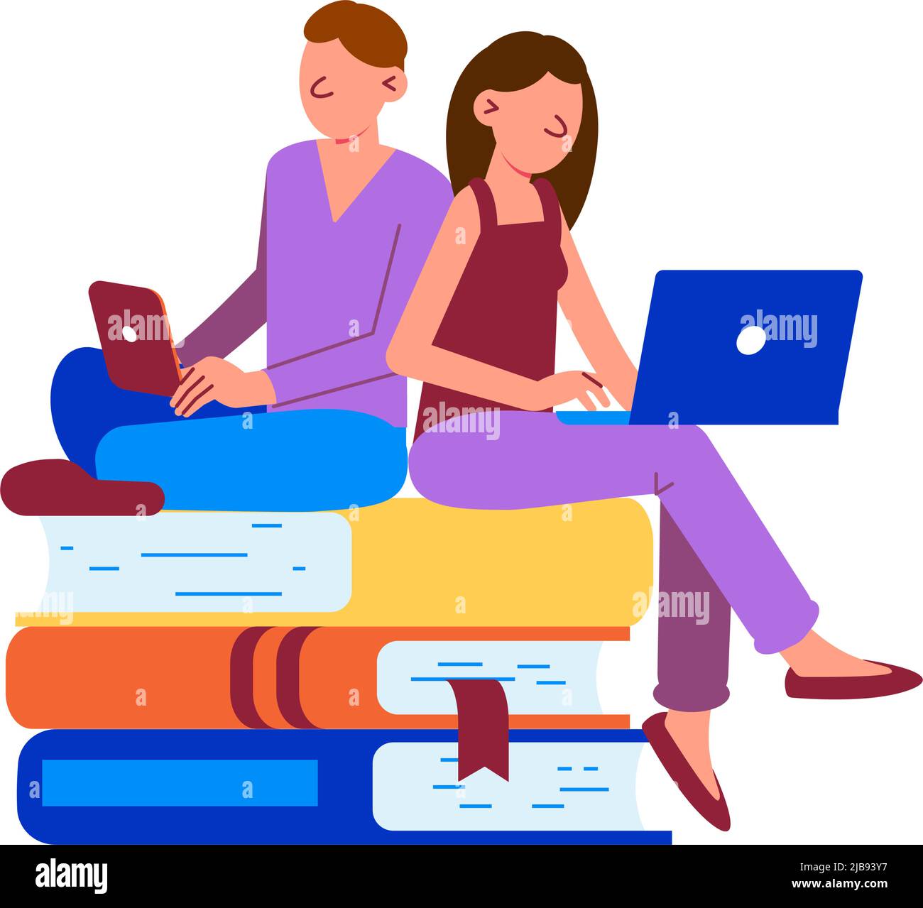 Zwei Menschen, die online mit Laptops auf Stapel von Büchern flache Vektor-Illustration sitzen studieren Stock Vektor
