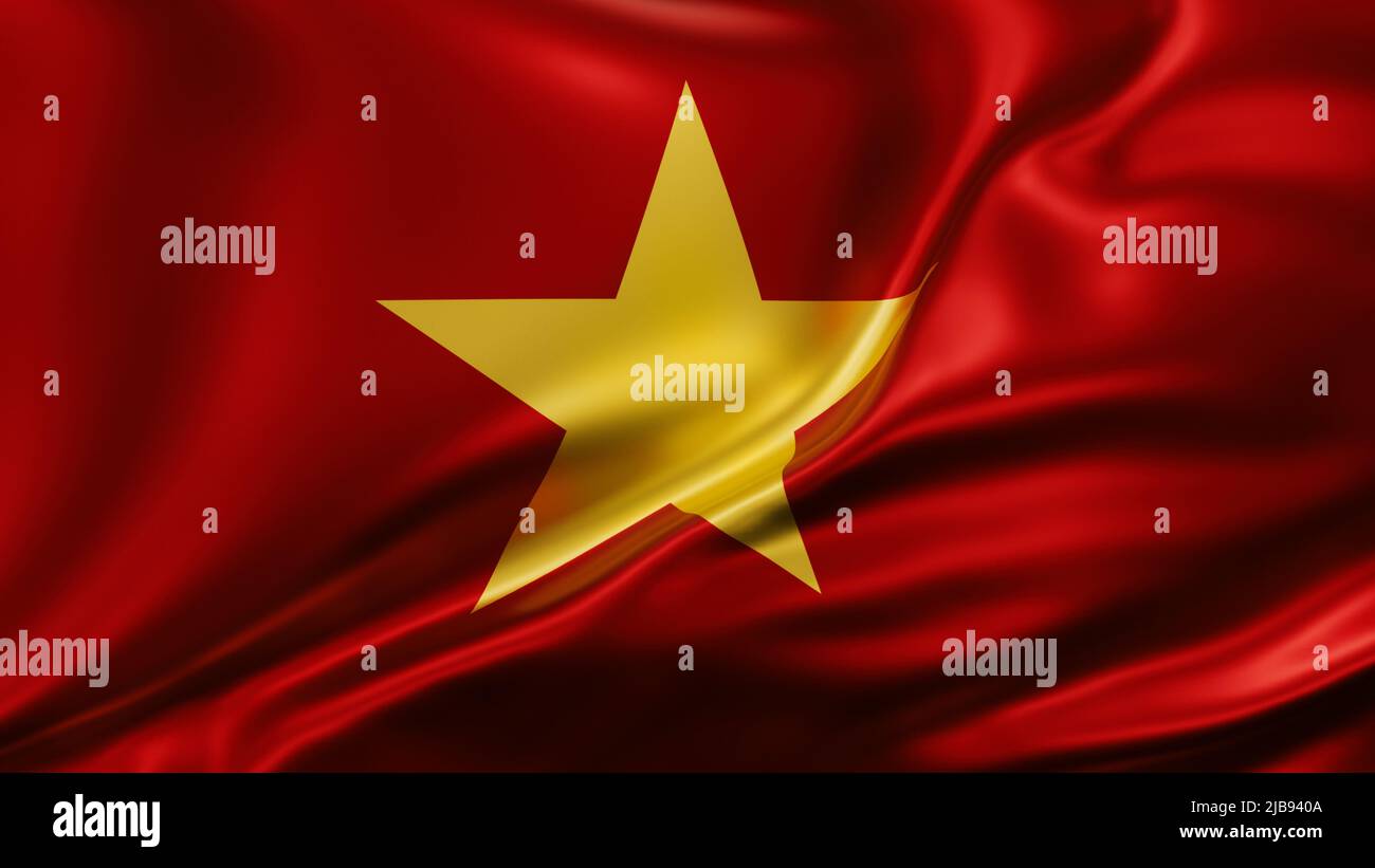 Vietnam Nationalflagge Vollbild Hintergrund, Seide farbric, Nahaufnahme winken im Wind Stockfoto