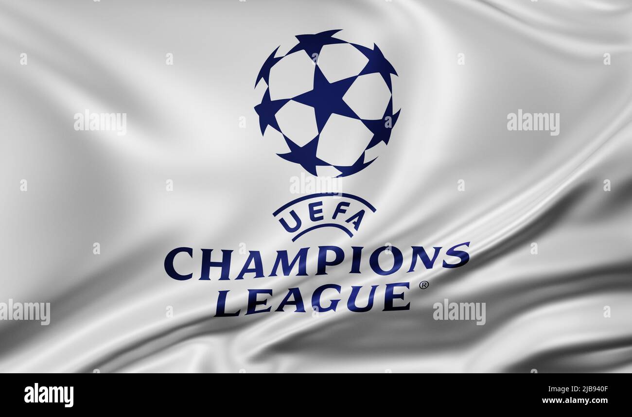 UEFA Champions League-Flagge im Vollbildmodus, Seidenfarbe, Nahaufnahme winkend im Wind Stockfoto