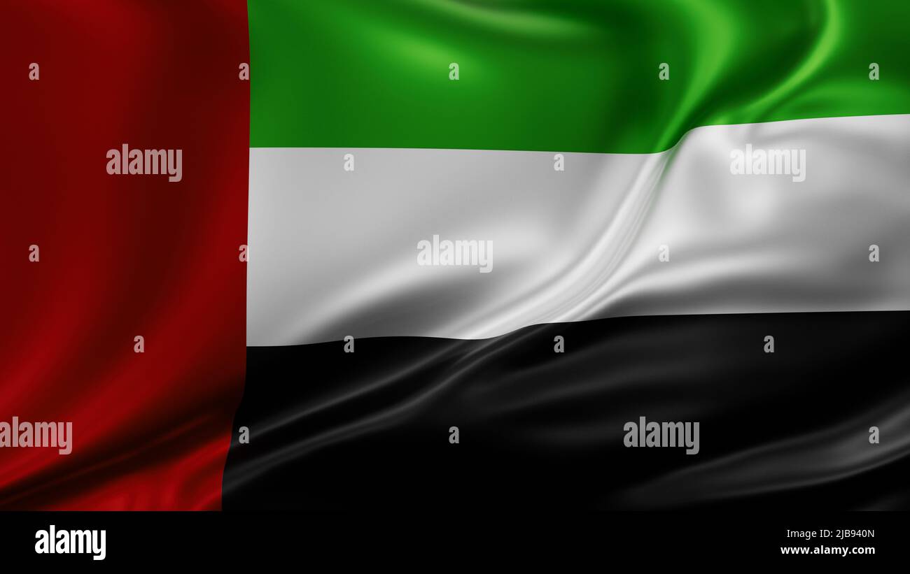 Vereinigte Arabische Emirate, VAE-Nationalflagge im Vollbildmodus, Seidenfarbstoff, Nahaufnahme winkt im Wind Stockfoto