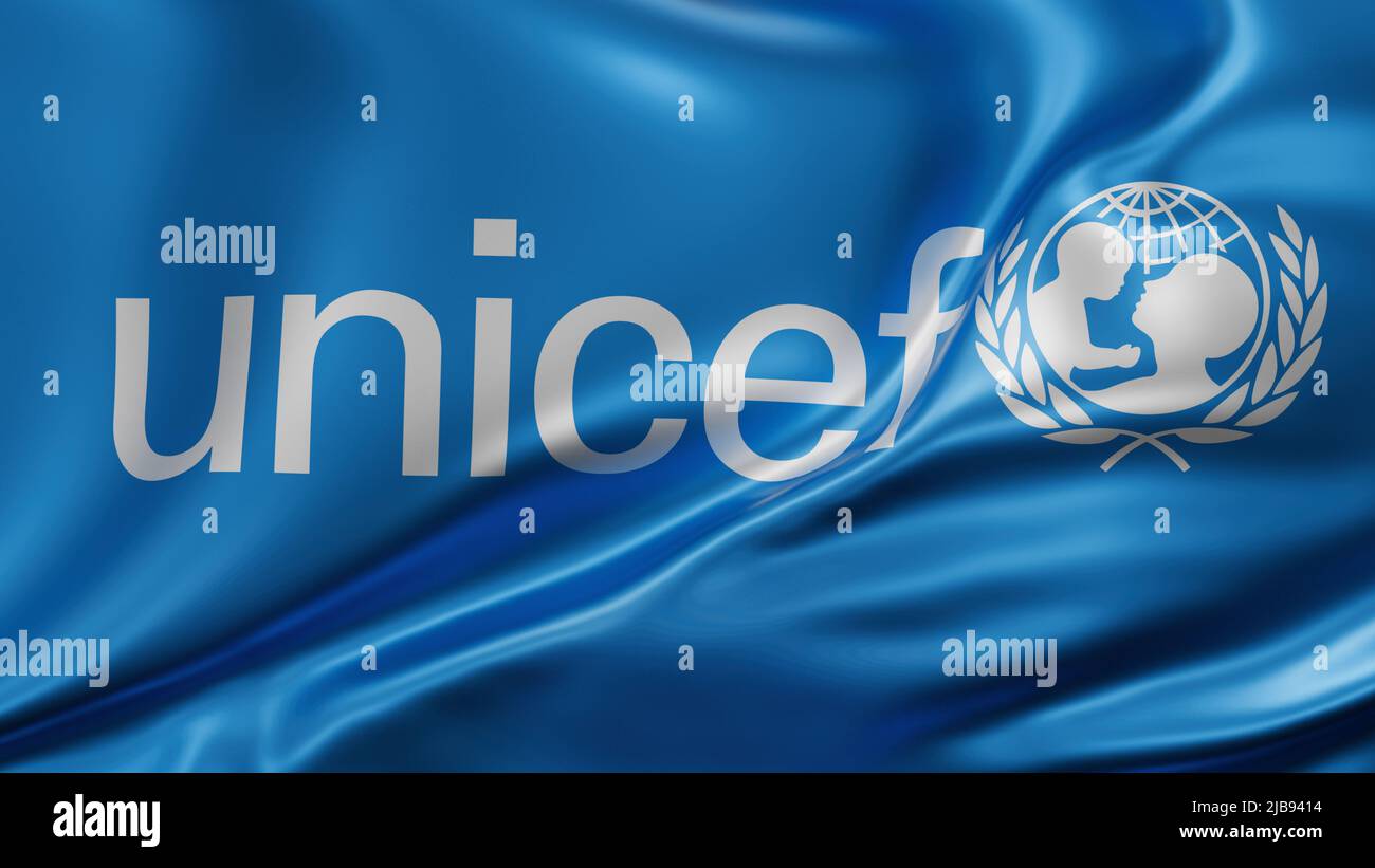 UNICEF Kinderhilfswerk der Vereinten Nationen Flagge im Vollbildmodus Hintergrund, Seide farbric, Nahaufnahme winken im Wind Stockfoto