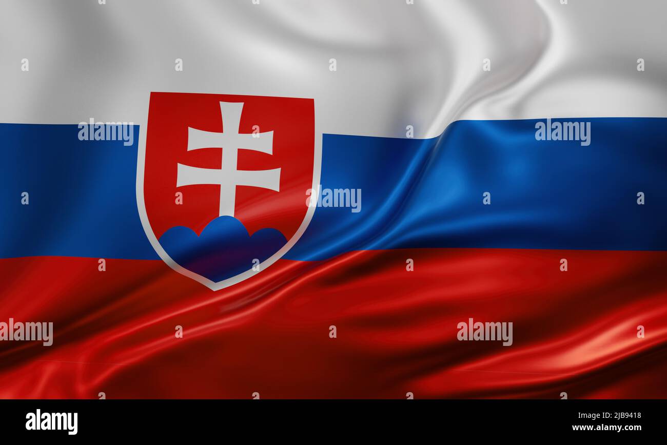 Slowakei Nationalflagge Vollbild Hintergrund, Seide farbric, Nahaufnahme winken im Wind Stockfoto