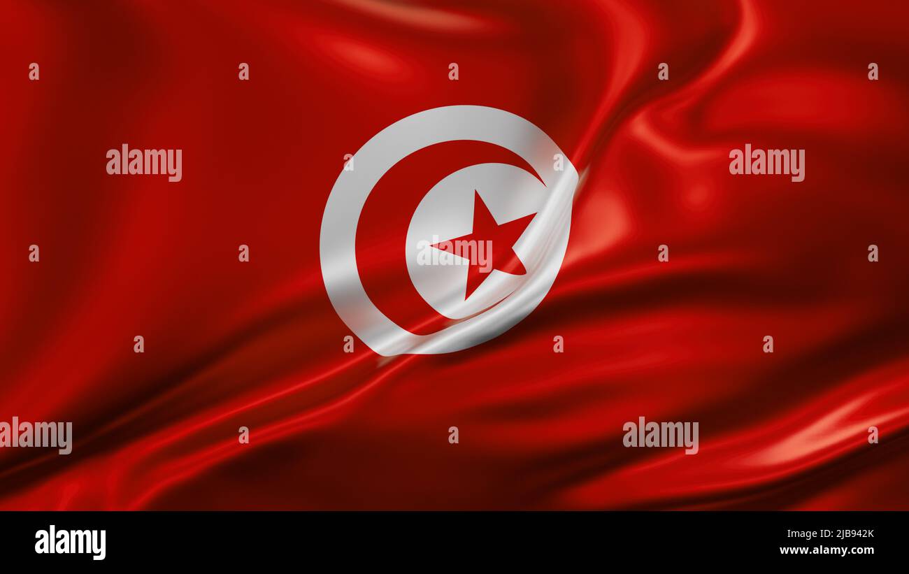 Tunesische Nationalflagge im Vollbildmodus, Seidenfarbrik, Nahaufnahme winkt im Wind Stockfoto