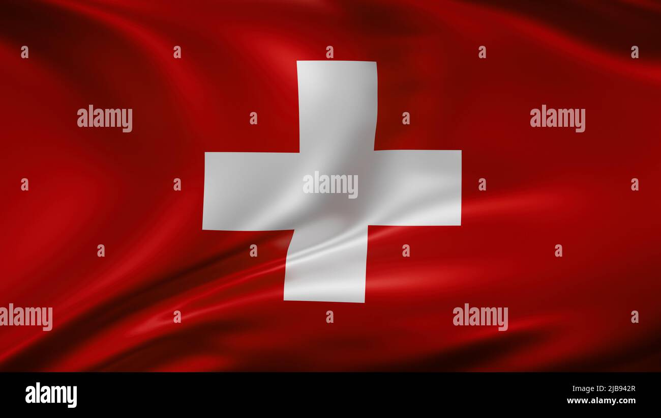 Schweizer Nationalflagge im Vollbildmodus, Seidenfarbrik, Nahaufnahme winkt im Wind Stockfoto