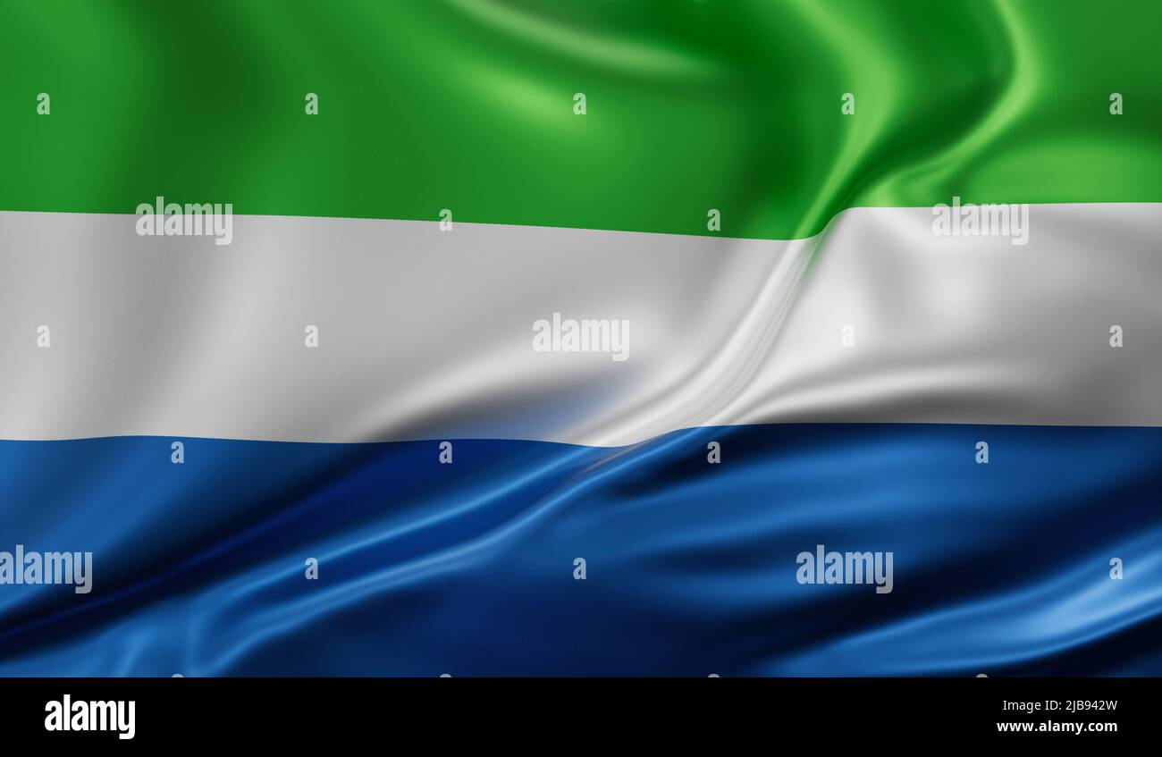 Sierra Leone Nationalflagge im Vollbildmodus Hintergrund, Seide farbric, Nahaufnahme winken im Wind Stockfoto